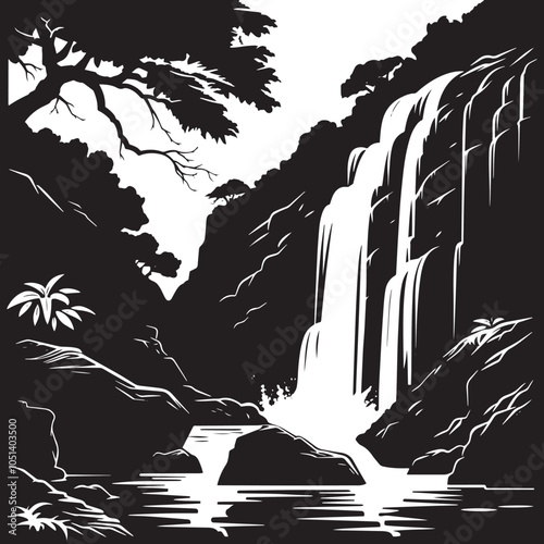 A waterfall cascading down rocks. silhouette illustration