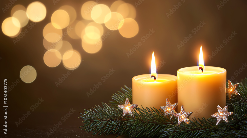 Three glowing candles nestled in pine branches with sparkling star decorations, soft bokeh lights in the background, captured in a serene evening atmosphere, medium close-up, soft Three glowing candles nestled in pine branches with sparkling star decorations, soft bokeh lights in the background, captured in a serene evening atmosphere, medium close-up, soft