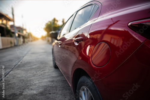 close up car on street automotive roadtrip on sunset background for transport, travel of nature to vehicle auto landscape light the sun for travel journey trip summer and lifestyle
