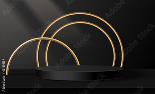 Round podium and golden rings on black background. Vector realistic illustration of luxury product presentation platform, modern advertising showroom for jewelry or elite cosmetics, empty pedestal