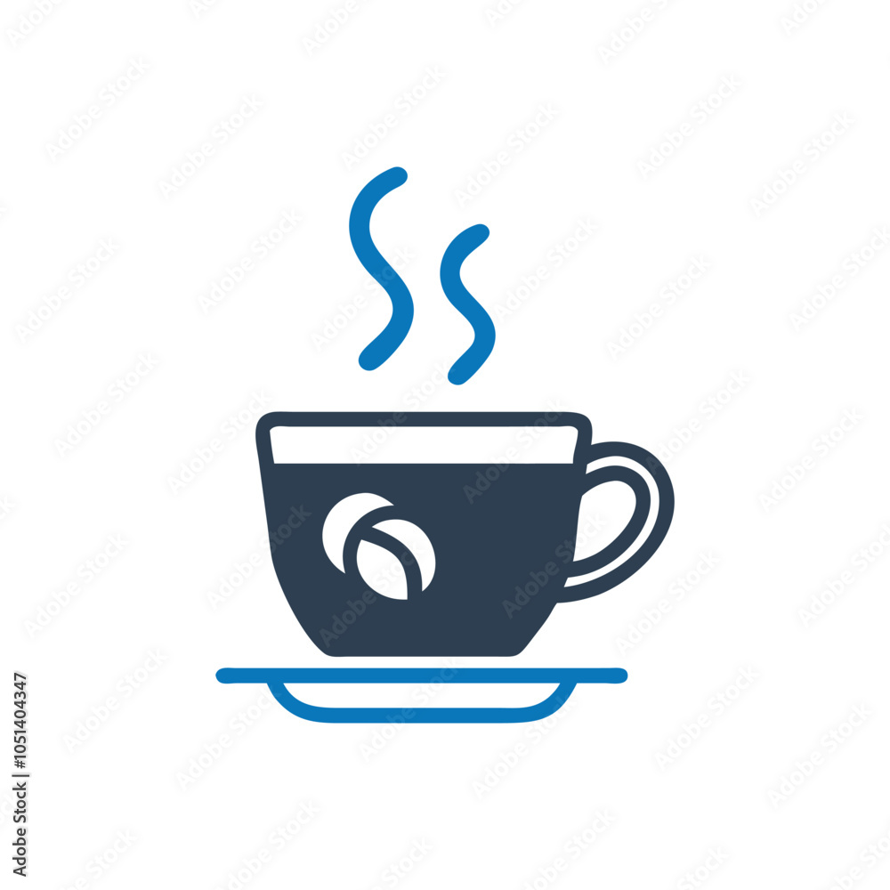 Coffee cup with steam and plate icon on white background Coffee cup with steam and plate icon on white background