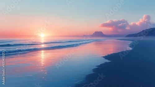 Serene sunset over a tranquil beach with gentle waves.