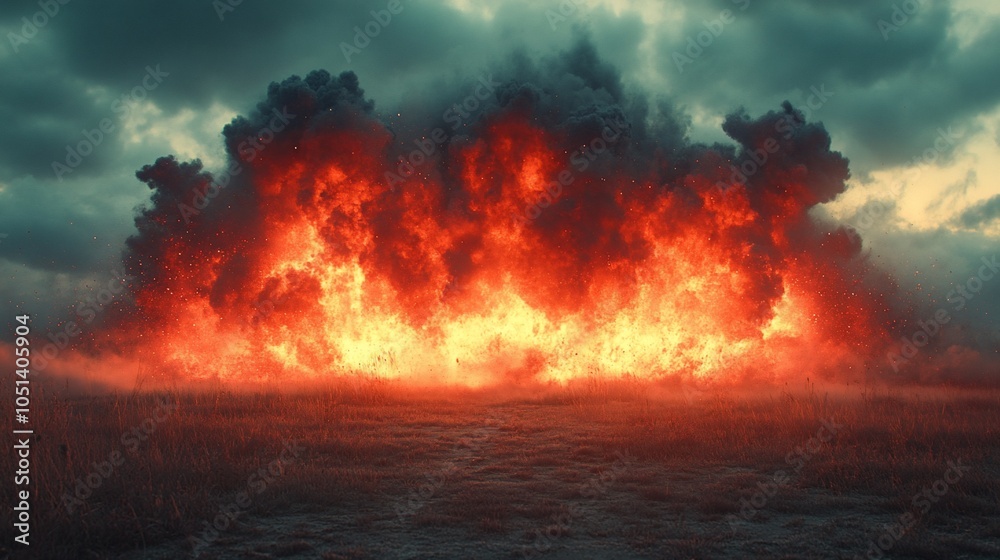 A dramatic explosion against a cloudy sky, showcasing vibrant flames and smoke.