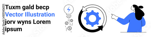 Person pointing at gear symbolizes innovation and teamwork. Lightning bulb and currency imply ideas and financial growth. Ideal for technology, creativity, teamwork, business, innovation. Banner