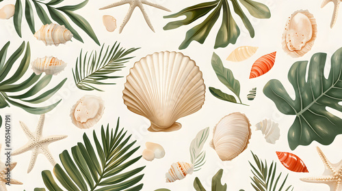 Seamless floral seashell pattern design inspired by nature, perfect for summer beach decor and wallpaper, featuring brown marine elements and textured illustrations