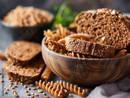 Whole Wheat Bread and Pasta in Wooden Bowl photo