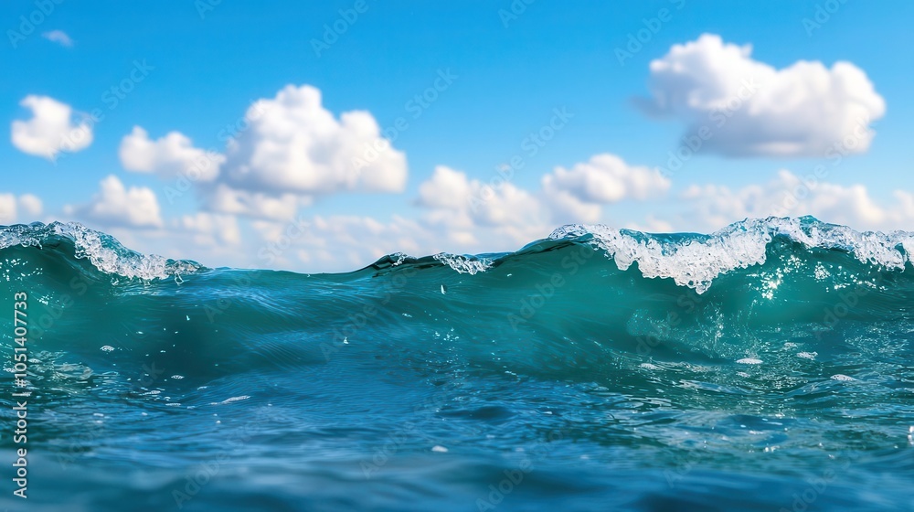 Fototapeta premium Dramatic capture of a breaking wave in the distance, midsplash, distant wave splash, dynamic horizon motion