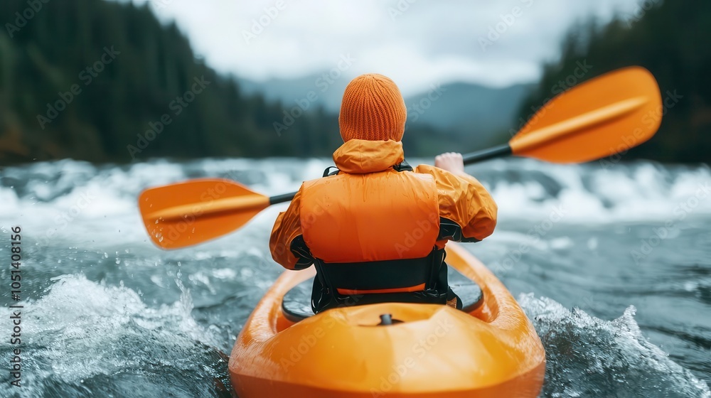 Kayaker paddling through rapids, whitewater splashing in every direction, whitewater rapids, intense motion