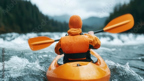 Obraz na płótnie Kayaker paddling through rapids, whitewater splashing in every direction, whitewater rapids, intense motion w salonie