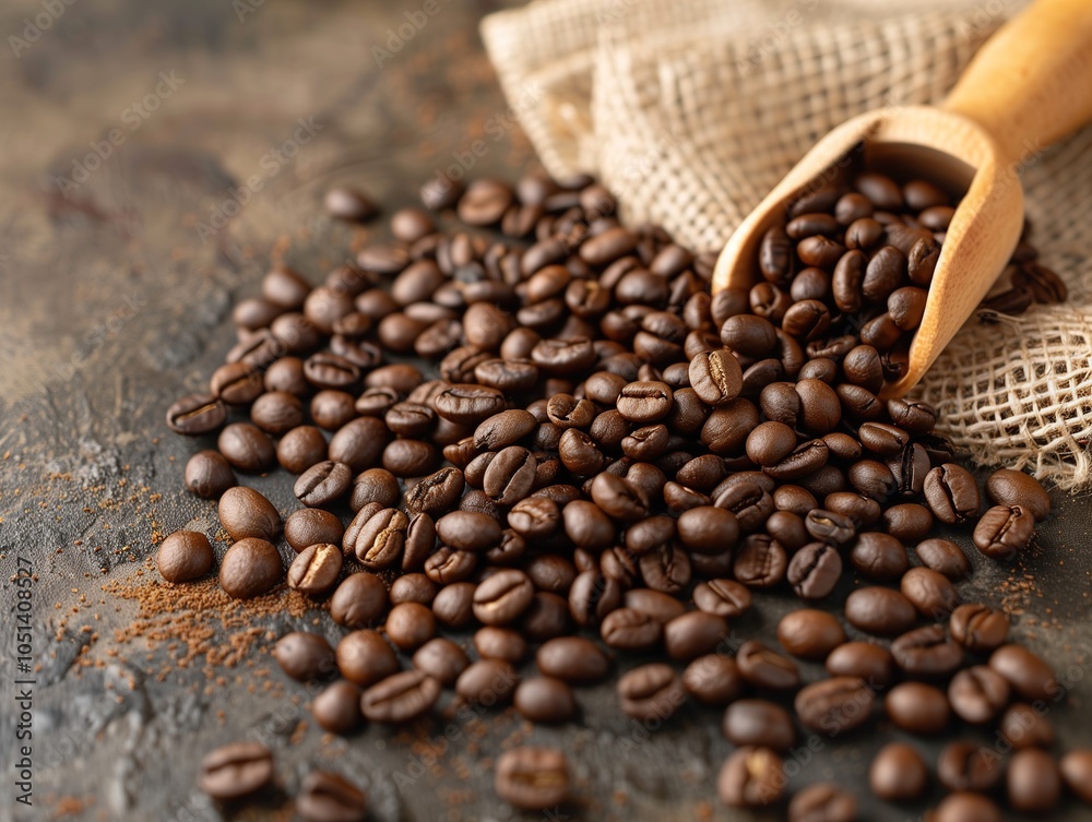 Fototapeta premium Roasted Coffee Beans Spilled From Wooden Scoop
