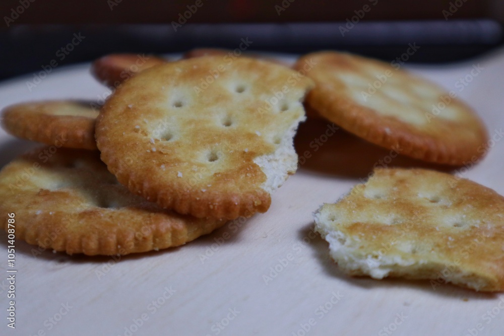 Close up of stack of round saltine crackers Close up of stack of round saltine crackers