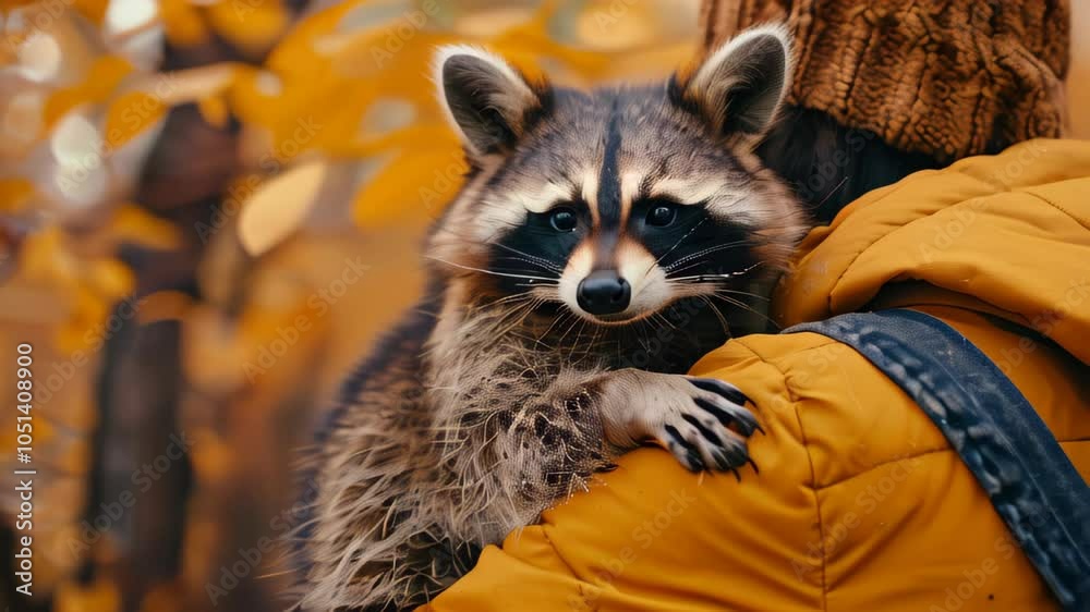 Raccoon interaction in autumn forest with a caring individual, showcasing wildlife connection