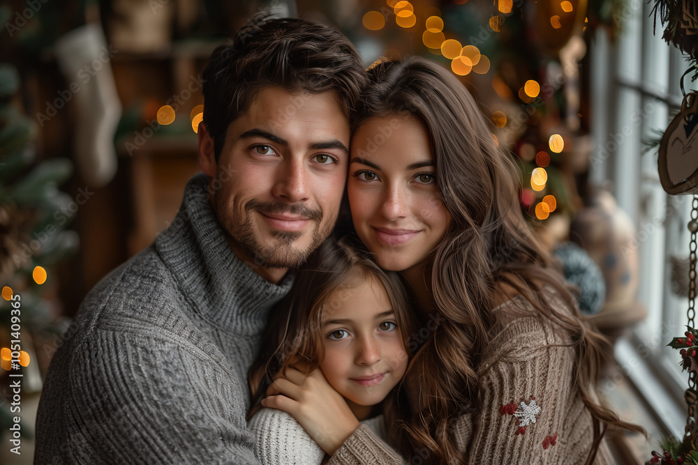 A family of three smiling and looking at the camera. surrounded by Christmas lights and decorations. A family of three smiling and looking at the camera. surrounded by Christmas lights and decorations.