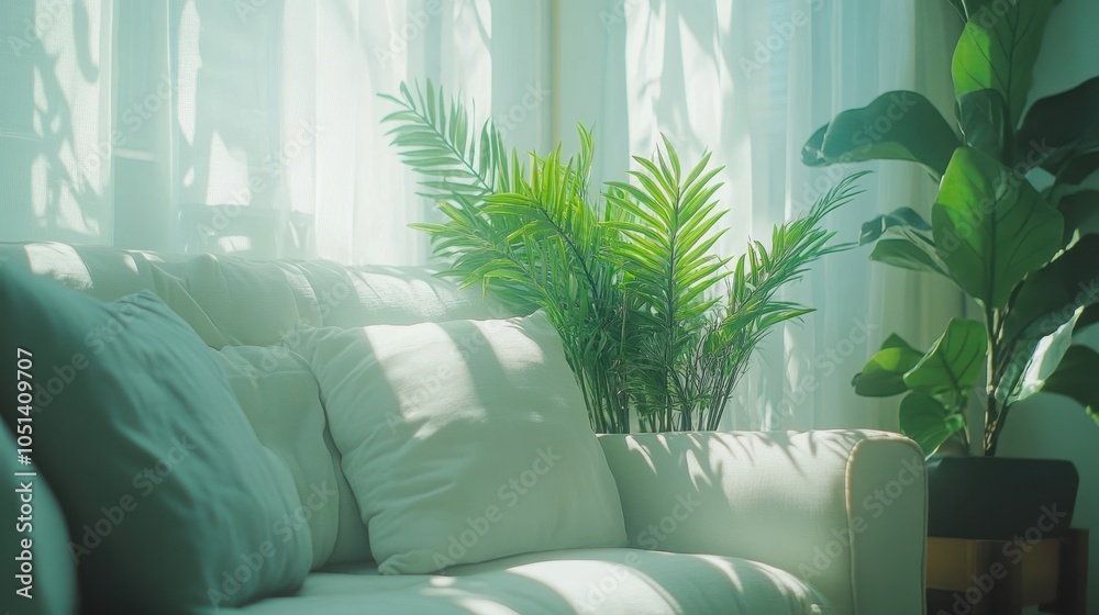Bright White Living Room with Green Plants and Natural Sunlight Bright White Living Room with Green Plants and Natural Sunlight