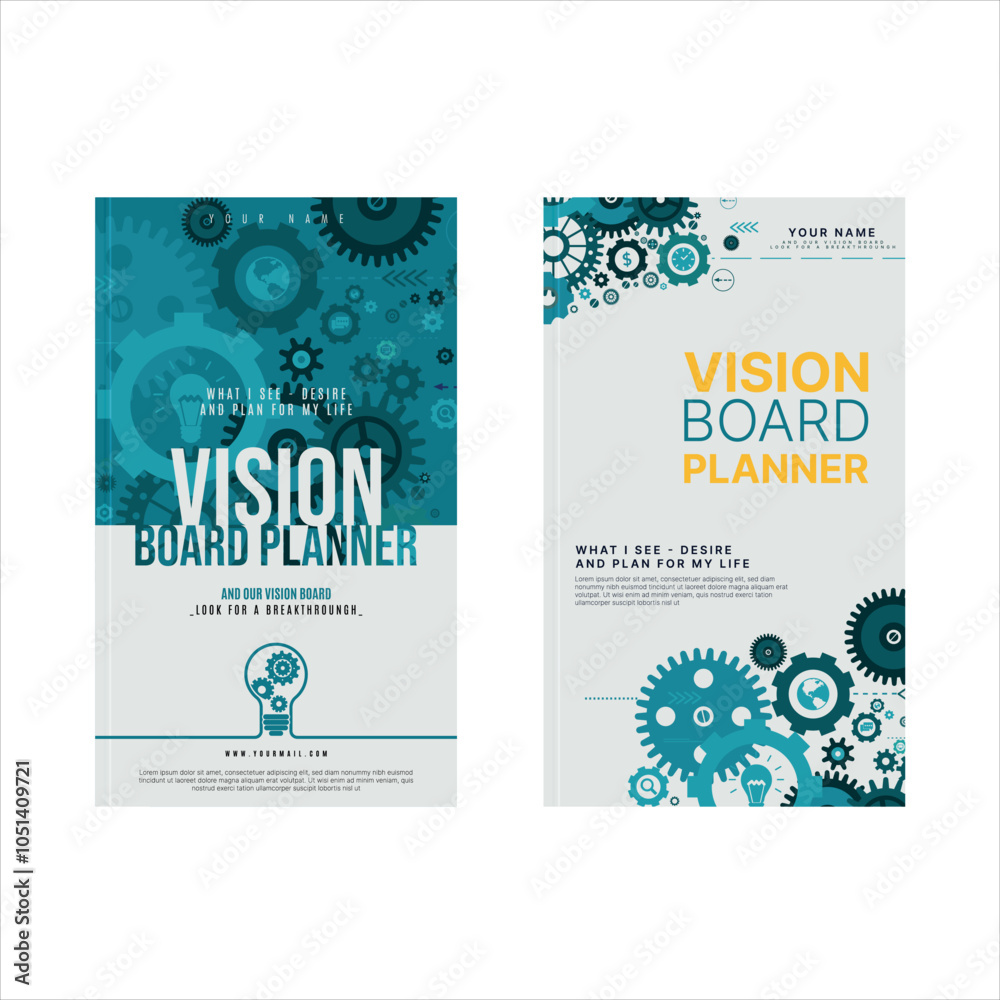 Fototapeta premium bOOK Vision Board Planner Cover with Teal and White Gears**