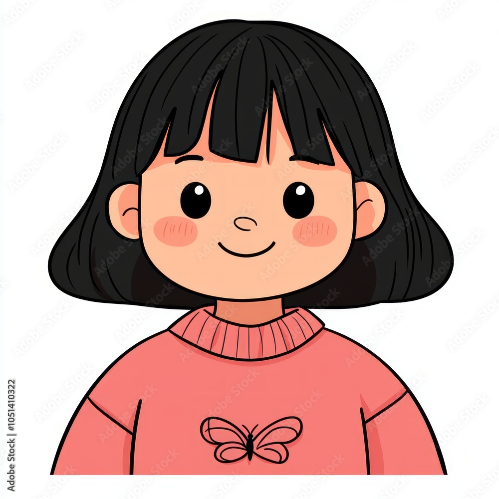 A cheerful girl with a bob haircut wearing a pink sweater. A cheerful girl with a bob haircut wearing a pink sweater.
