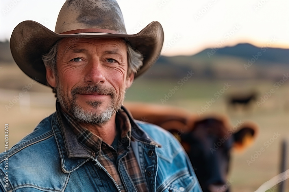 A cowboy wearing a brown hat and blue denim jacket looks directly at the camera with a soft smile. A cowboy wearing a brown hat and blue denim jacket looks directly at the camera with a soft smile.