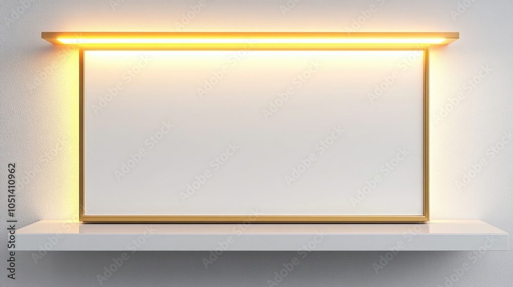 White Shelf with Gold Frame and LED Light for Mockup Product Display Minimalist Design White Shelf with Gold Frame and LED Light for Mockup Product Display Minimalist Design