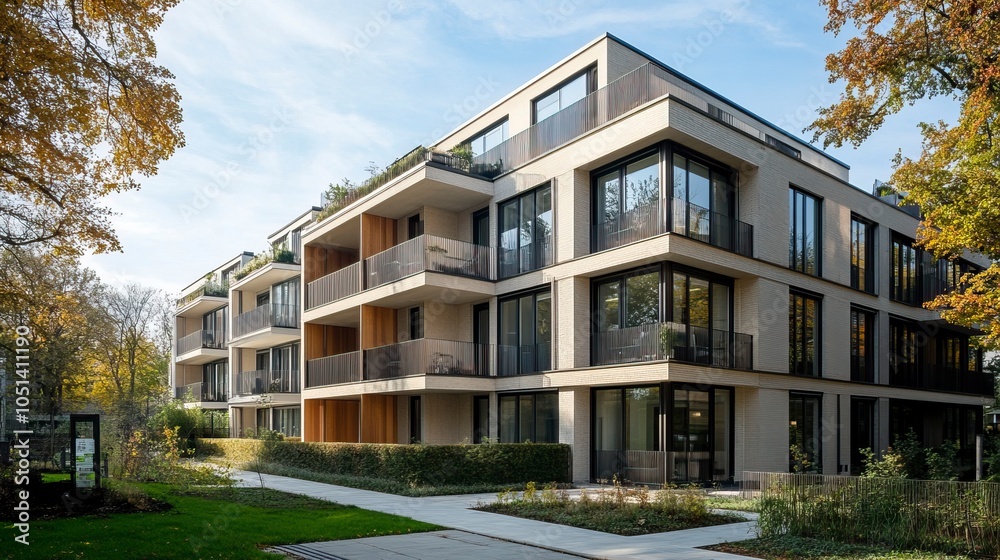 Fototapeta premium Modern multi-family apartment buildings seen in Berlin, Germany,generative ai