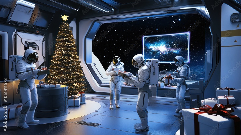 Obraz premium Space crew exchanging gifts during Christmas holiday