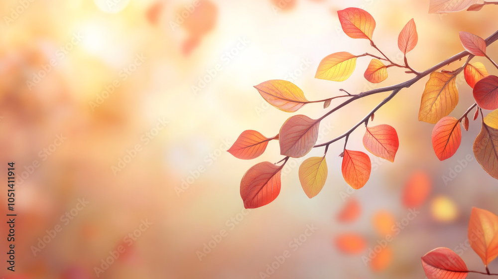 Obraz premium Beautiful small leaves bright fall colors yellow red orange on a branch with beautiful autumn outdoor defocused nature scene background with copy space