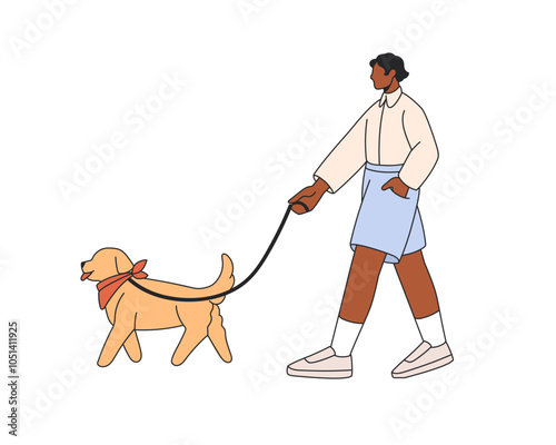 Man walking dog. Pet owner leading cute puppy on leash outdoors. Modern African-American person going, strolling with canine animal, profile. Flat vector illustration isolated on white background
