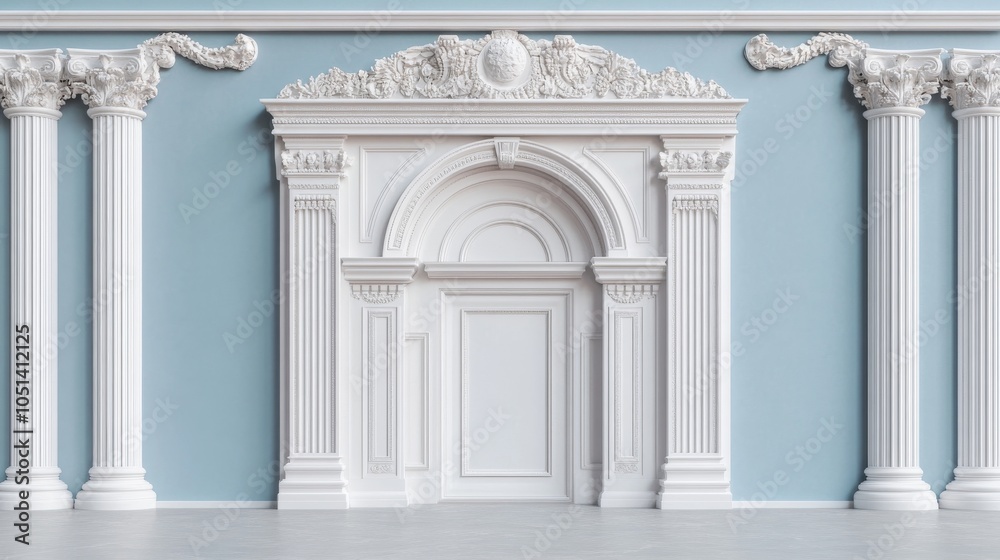 Naklejka premium Elegant white architectural doorway with ornate columns, serene blue wall background.