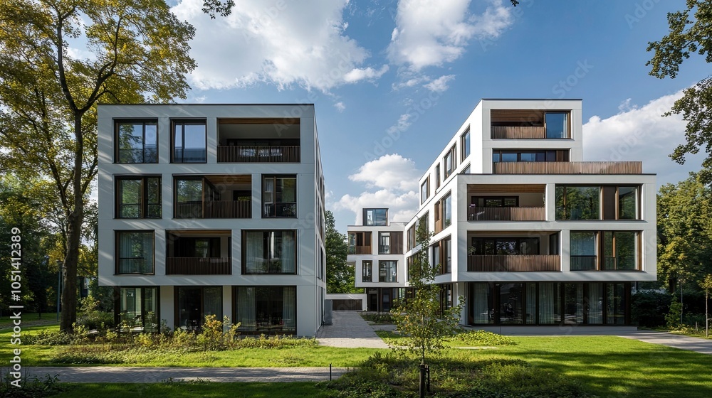 Fototapeta premium Modern multi-family apartment buildings seen in Berlin, Germany,generative ai