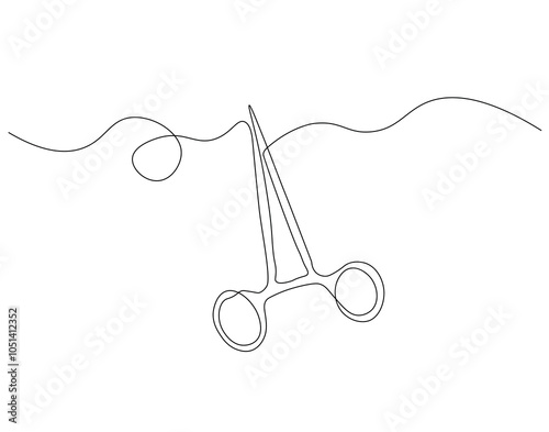 Continuous one line drawing of medical scissors. One line drawing illustration of surgery scissors. Medical tool, medical supplies concept line art. Editable outline