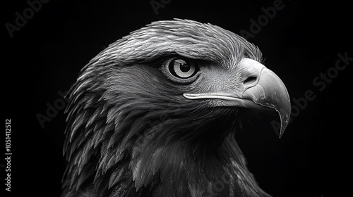 A close-up black and white portrait of a majestic eagle, showcasing its fierce gaze and details.