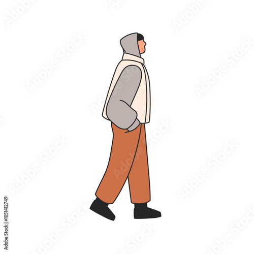Man walking outdoors, wearing hoodie. Male character going, strolling in hood, hands in pockets, urban style. Young guy profile, casual outfit Flat vector illustration isolated on white background
