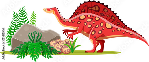 Cartoon dinosaur Ouranosaurus or prehistoric lizard in Jurassic park forest, vector dino character. Prehistoric funny dinosaur lizard of Ouranosaurus species for kids dino atlas or paleontology toy