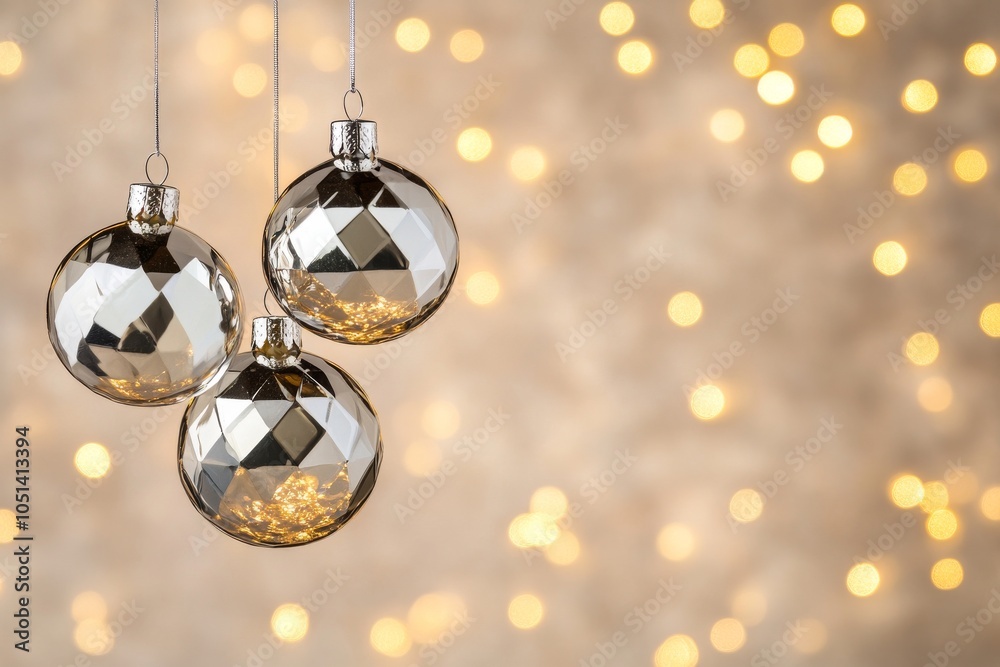 Three shiny Christmas ornaments against a blurred golden bokeh background. Three shiny Christmas ornaments against a blurred golden bokeh background.