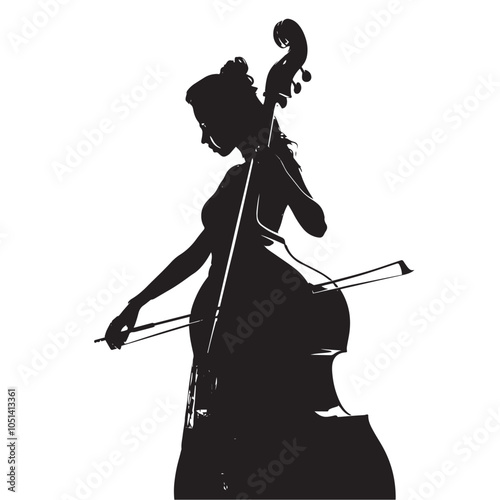 A woman playing Double bass silhouette isolated on white background