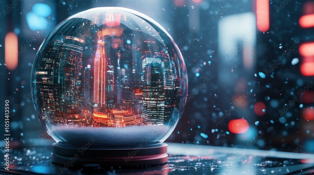 Futuristic cityscape in snow-covered glass dome Futuristic cityscape in snow-covered glass dome