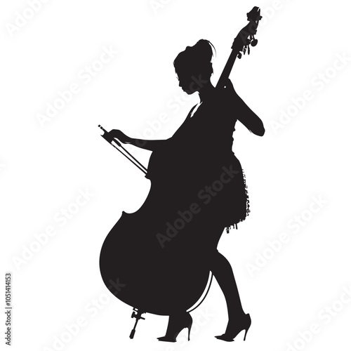 A woman playing Double bass silhouette isolated on white background
