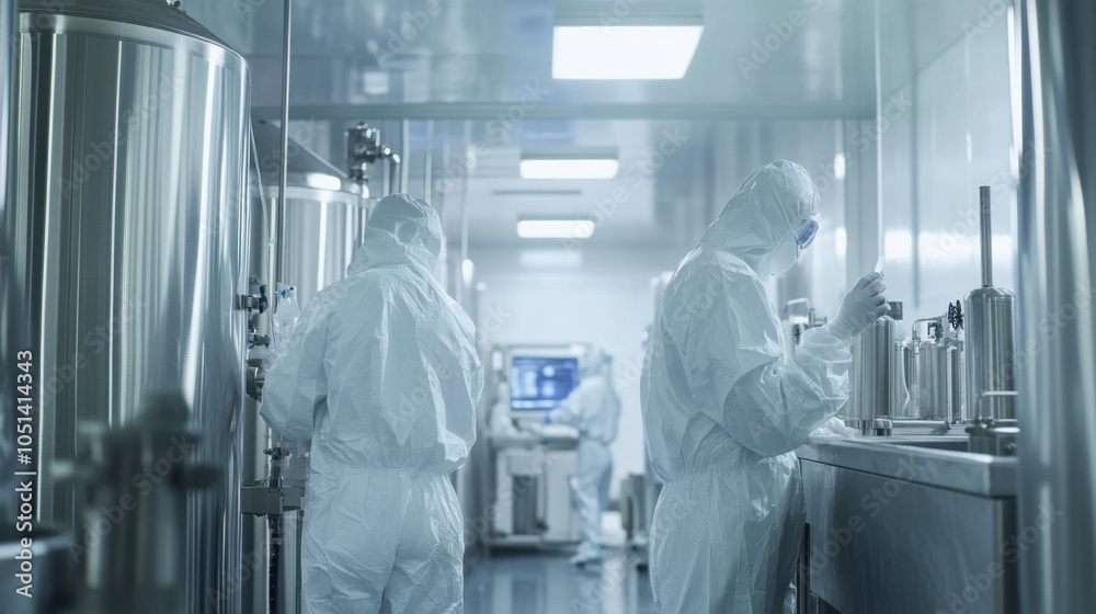 Cleanroom environment with personnel in protective suits, engaging in precise work around large equipment and high-tech instruments. Cleanroom environment with personnel in protective suits, engaging in precise work around large equipment and high-tech instruments.