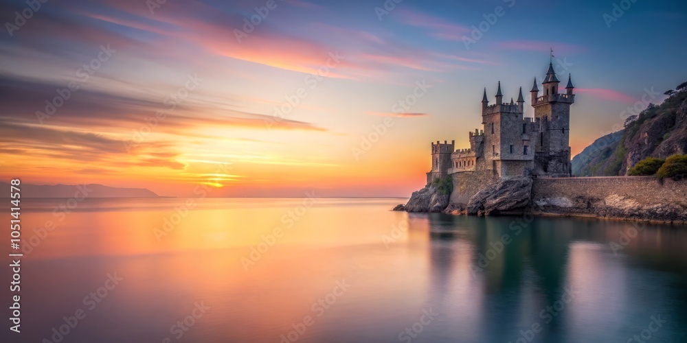 Naklejka premium Minimalist Sunrise Over Swallow Nest Castle: Tranquil Landscape, Majestic Architecture, Serene Nature, Morning Light, Eastern Europe, Scenic View, Travel Destination, Historic Landmark