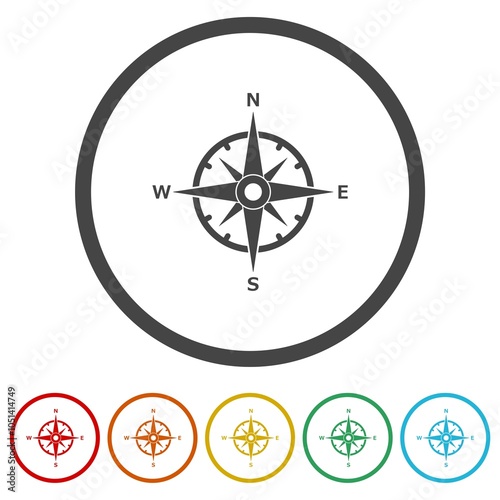 Compass wind rose icon. Set icons in color circle buttons photo