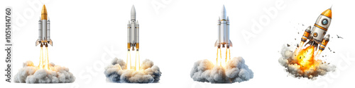 A sequence of rocket launches showcasing stages of liftoff, featuring powerful engines and billowing smoke against a dark backdrop.