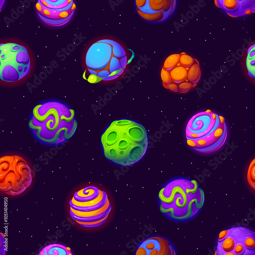 Cartoon fantasy alien space planets seamless pattern. Science fiction planet textile pattern or wallpaper seamless background, fabric vector print with fantasy satellite or alien starry galaxy world