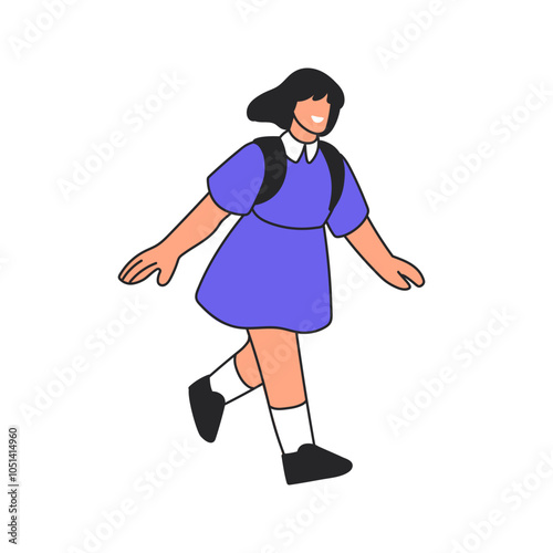 Happy school girl running outdoors with backpack. Smiling excited schoolkid h...