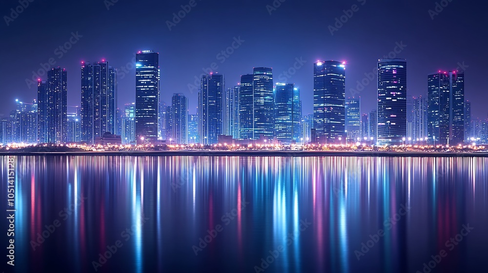 Stunning Night Cityscape with Illuminated Skyscrapers Reflecting on Water : Generative AI Stunning Night Cityscape with Illuminated Skyscrapers Reflecting on Water : Generative AI