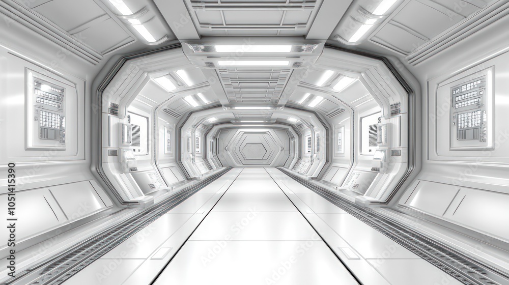 Obraz premium White futuristic spaceship corridor with glowing lights and metal panels.