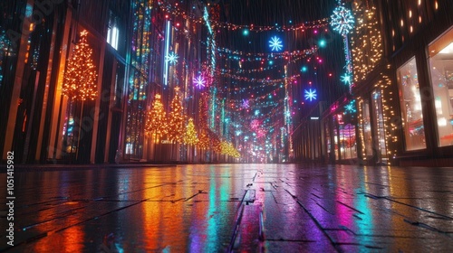 Nighttime street glistening with colorful seasonal lights.