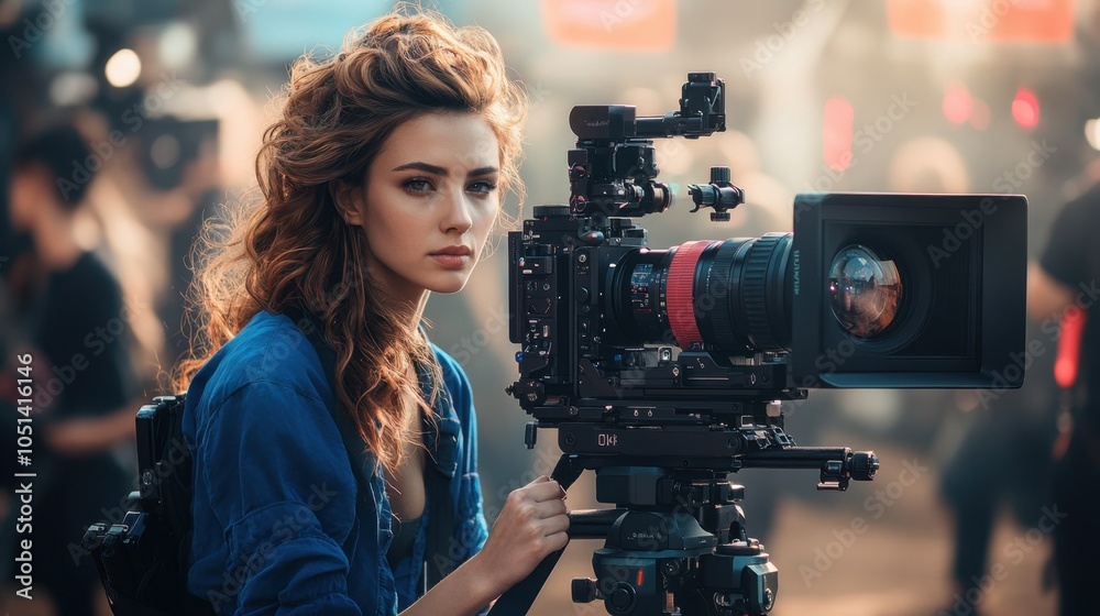 Young Woman Filmmaker with Professional Camera on Set Young Woman Filmmaker with Professional Camera on Set