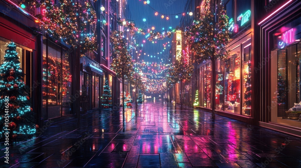 Bright festive street lights, mirrored by rainy pavement. Bright festive street lights, mirrored by rainy pavement.