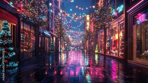 Bright festive street lights, mirrored by rainy pavement.