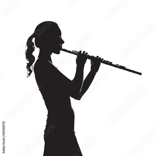 A woman playing Flute silhouette isolated on white background