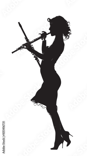 A woman playing Flute silhouette isolated on white background
